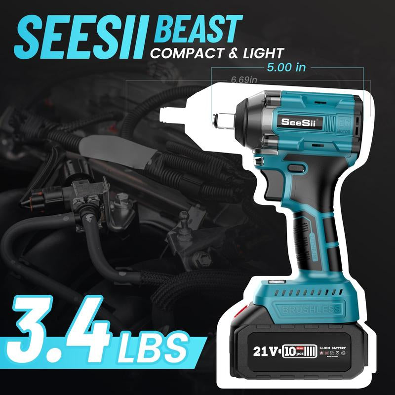 Seesii 1/2-Inch Cordless Impact Wrench with 260 Ft-Lbs, Brushless 1/2" Impact Wrench Equipped with 2 X 4.0 Batteries, Fast Charger, 4 Sockets, 4 Drill & Driver Bits, Electric Pistola De Impacto for Car and Home